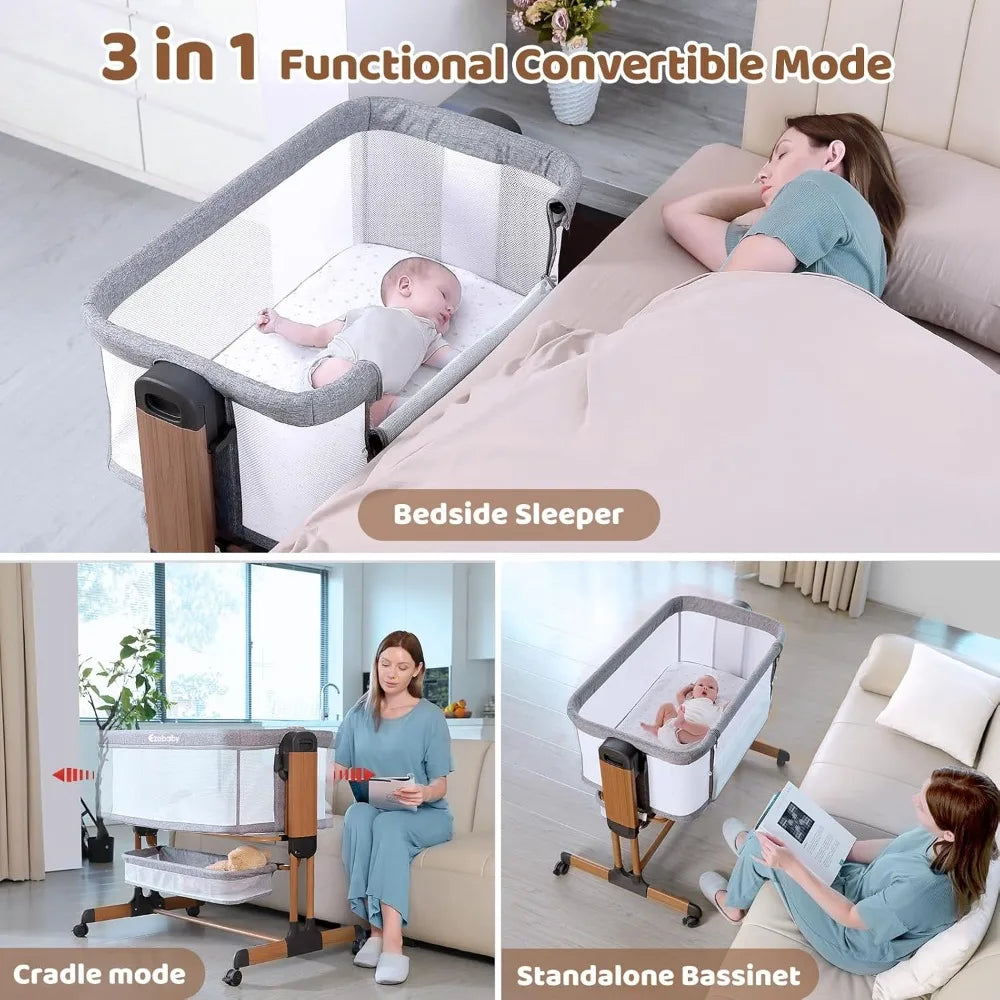 Baby Beistellbett 3-in-1 – Wiege, Co-Sleeper und tragbares Kinderbett mit Rollen und Stauraum